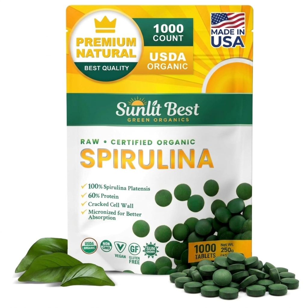 Sunlit Best Spirulina Tablets - Organic Spirulina Tablets USDA Premium 1000 Count - Natural Spirulinas Organic Burst for Immune Support Antioxidants, Energy Boost w/Chlorophyll - High Protein, Non GMO