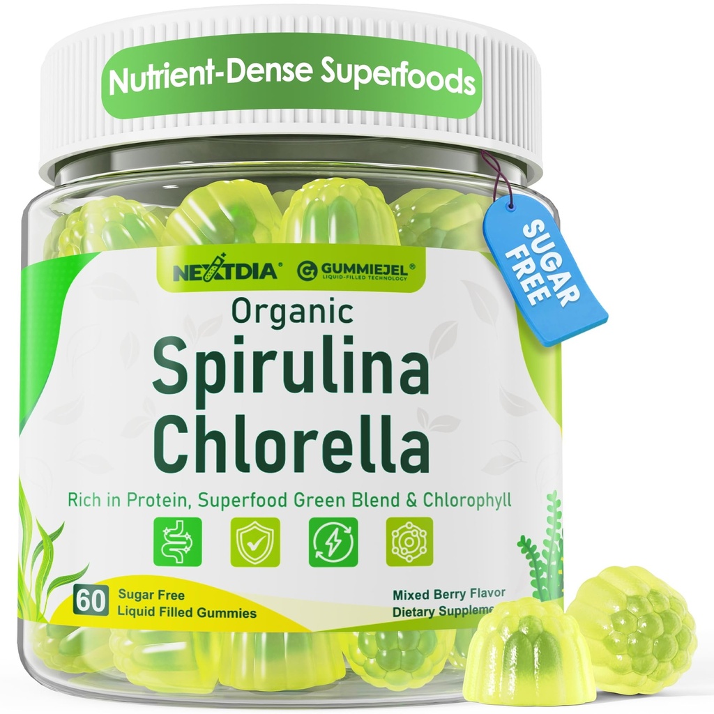 Organic Spirulina + Chlorella Gummies, High in Vegan Protein, Chlorophyll, Nutrient Dense Green-Blue Algae +Super Greens, Vitamin C, D3, Zinc, B12 for Daily Energy, Cleanse, Antioxidant, Immune, 60Cts