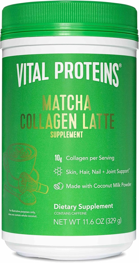 Vital Proteins Matcha Lattes, Matcha Green Tea Collagen Latte Powder, L-Theanine &amp; Caffeine &amp; MCT - Supporting Healthy Hair, Skin, Nails - Original