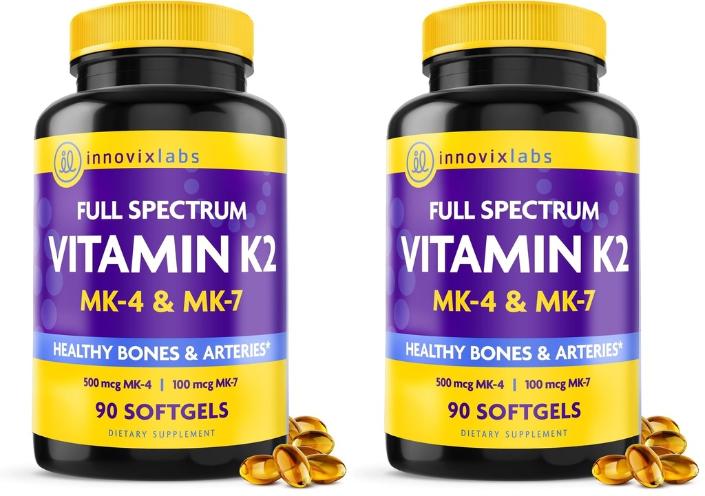 InnovixLabs Full Spectrum Vitamin K2-90 Softgels with 600 mcg of Trans Form MK7 and MK4 - Supports General Health and Bone Strength - Soy and Gluten Free K2 Vitamin Supplement (Pack of 2)