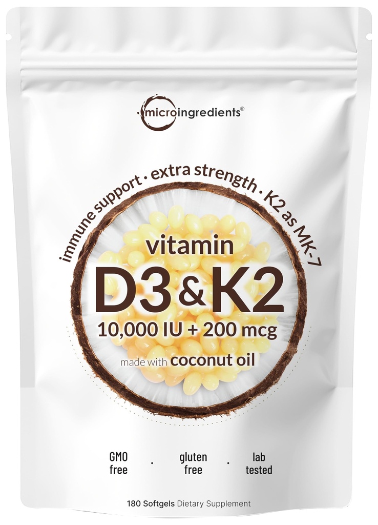 Micro Ingredients Vitamin D3 10,000 IU + K2 MK-7 200 mcg, 180 Softgels with Virgin Coconut Oil | 2-in-1 Vitamins D & K Complex | Extra Strength, Easy to Swallow, Non-GMO, Gluten Free