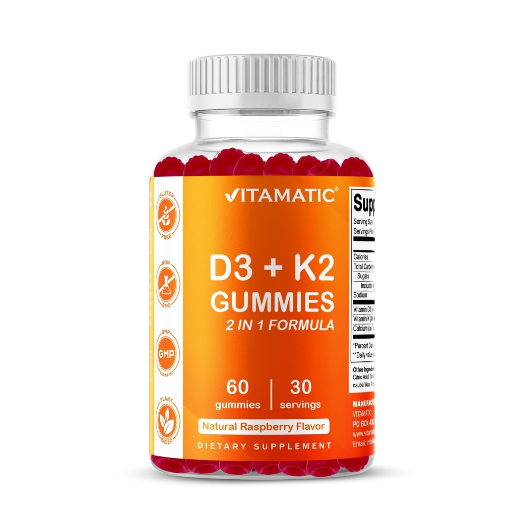 Vitamatic Vitamin D3 + K2 Gummies – 60 Count | Supports Bone, Heart & Immune Health – Promotes Calcium Absorption – Plant-Based, Non-GMO, Gluten-Free