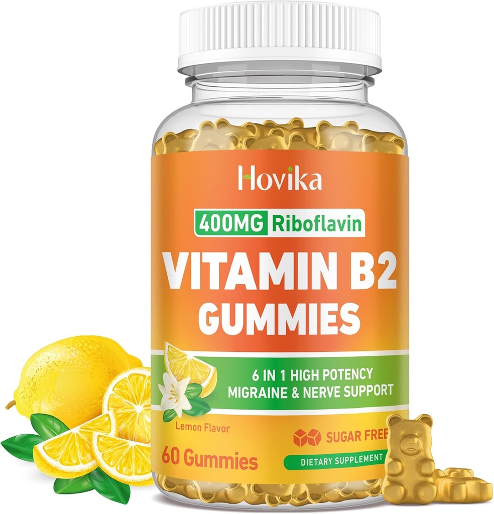 Vitamina B2 Gummies Riboflavin 400mg Suplemento para Hombres &amp; Mujeres - Magnesio Puro, Ashwagandha, CoQ10, Omega 3, Vitamina B12 - Alivio de Migraña & Energía, Apoyo del Sistema Nervioso - Azúcar Gratis, 60 Condes
