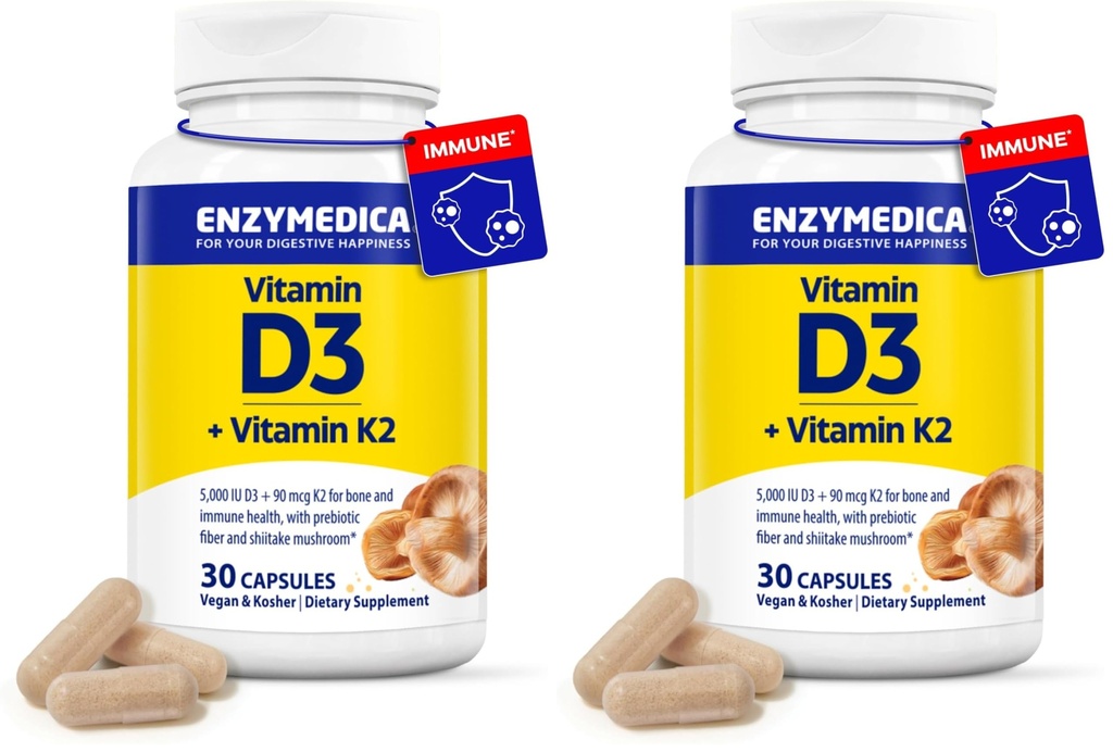 Enzymedica Vitamin D3 K2, 5000 IU Vegan D3 + 90 mcg MK-7, Plant-Based Supplement with Shiitake Mushroom & Prebiotic Fiber for Bone & Immune Support, 30 Capsules (Pack of 2)