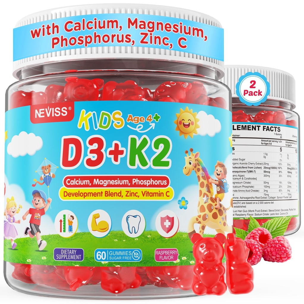 Vitamin D3 K2 Gummies for Kids & Teens + Calcium, Magnesium, Zinc, Phosphorus, C, Kids Multivitamin D3 & K2 Supplement for Bone Health, Calcium Absorption, Focus & Immunity, Non GMO, Sugar Free, 2Pack