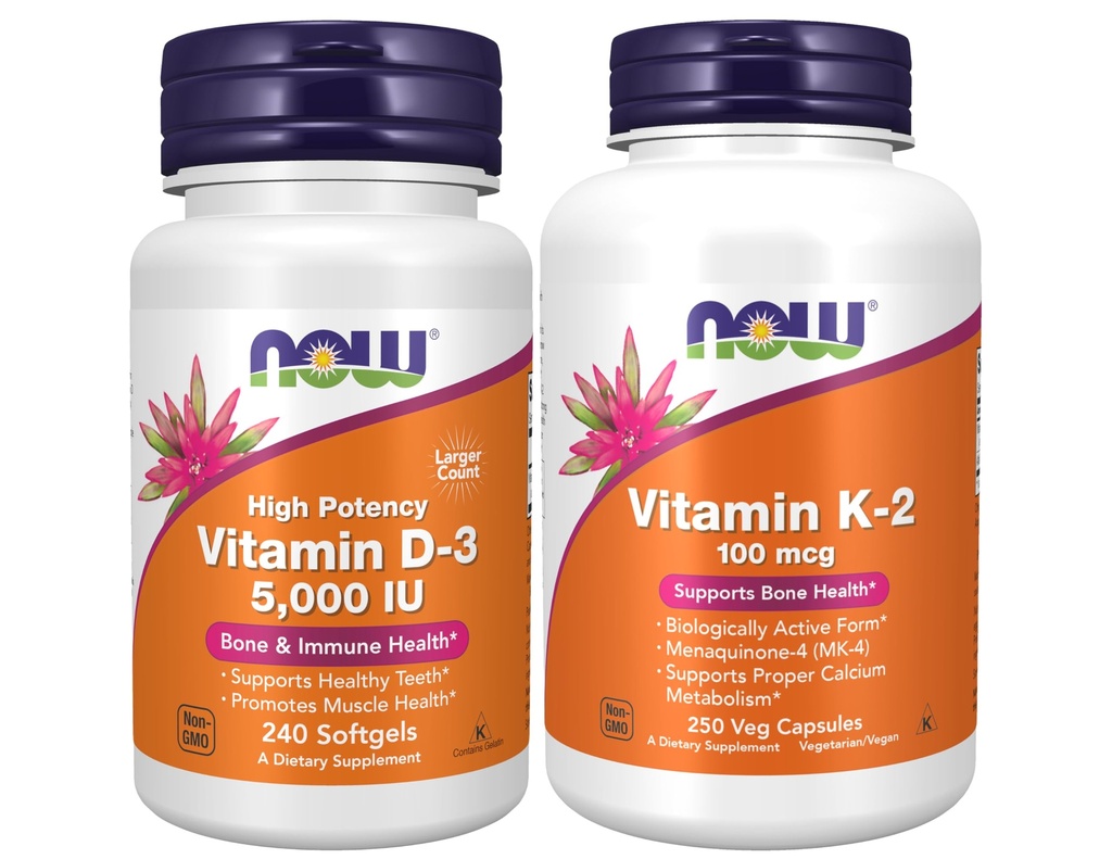 NOW Foods Supplements, Vitamin D-3 5,000 IU, High Potency, Structural Support*, 240 Softgels with Now Supplements, Vitamin K-2 100 mcg, Menaquinone-4 (MK-4), 250 Veg Capsules