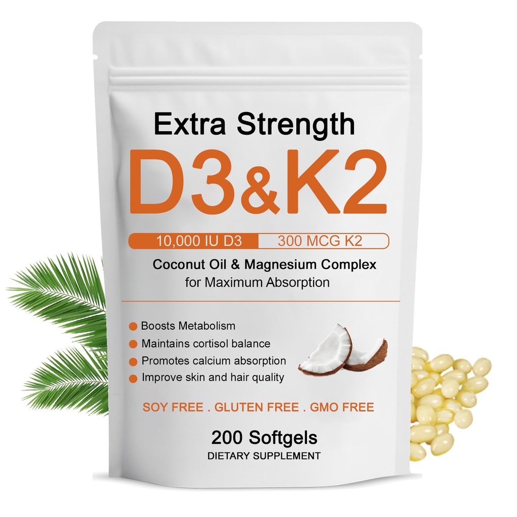 Vitamin D3 K2 Magnesium Complex, Extra Strength D3 & K2 with Triple Magnesium Softgels, D3 + K2 (Mk-7) | Support Bone & Immune | Improve Energy | Non-GMO, 200 Softgels (1) (1)