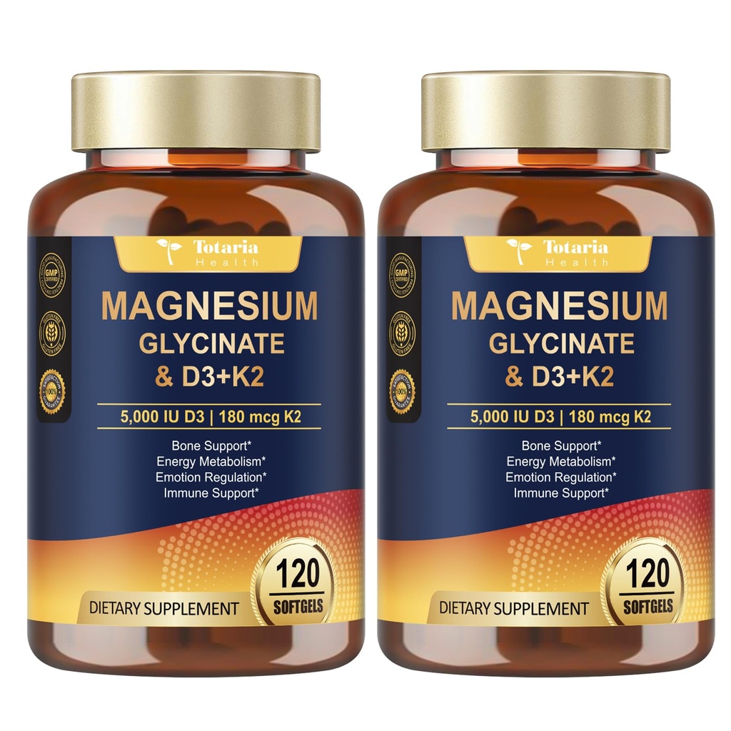 9-in-1 Magnesium Glycinate 500mg + Vitamin D3 5000 IU & K2 Complex - High Absorption - Healthy Stress, Sleep, Muscle Function, Bone Health & Energy Supports | Non-GMO, Gluten-Free 2 Pack