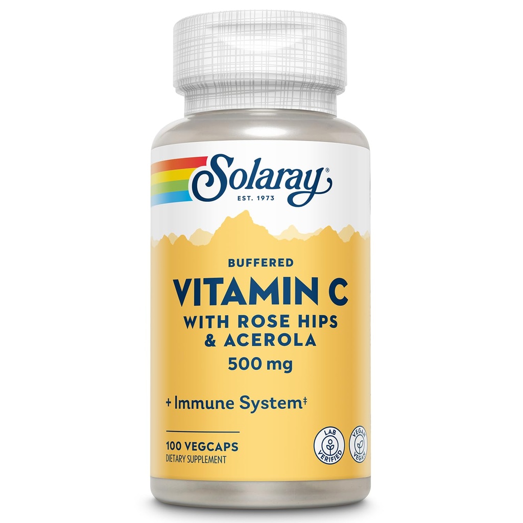 SOLARAY Buffered Vitamin C 500mg - Plus Rose HIPS and Acerola - Immune Support Supplement - Vegan, Lab Verified, 60-Day Guarantee - 100 Servings, 100 VegCaps