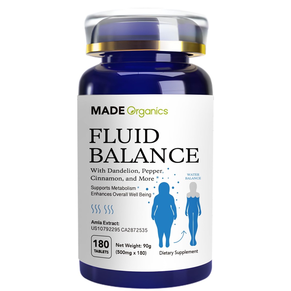 Water Retention Tablets, 180 Count Fluid Balance Supplement, Natural Diuretic for Bloating Relief, Herbal Blend with Dandelion, Patented Amla, Vegan, Non-GMO