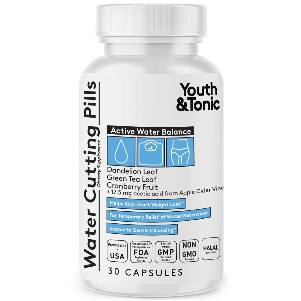 Youth & Tonic Water Cutting Pills - Natural Diuretic Complex for Temporary Water Gain, Swelling, Fluid Retention, Puffiness, Swollen Legs, Ankles, Arms, Puffy Eyes. for Men & Women with 30 Capsules