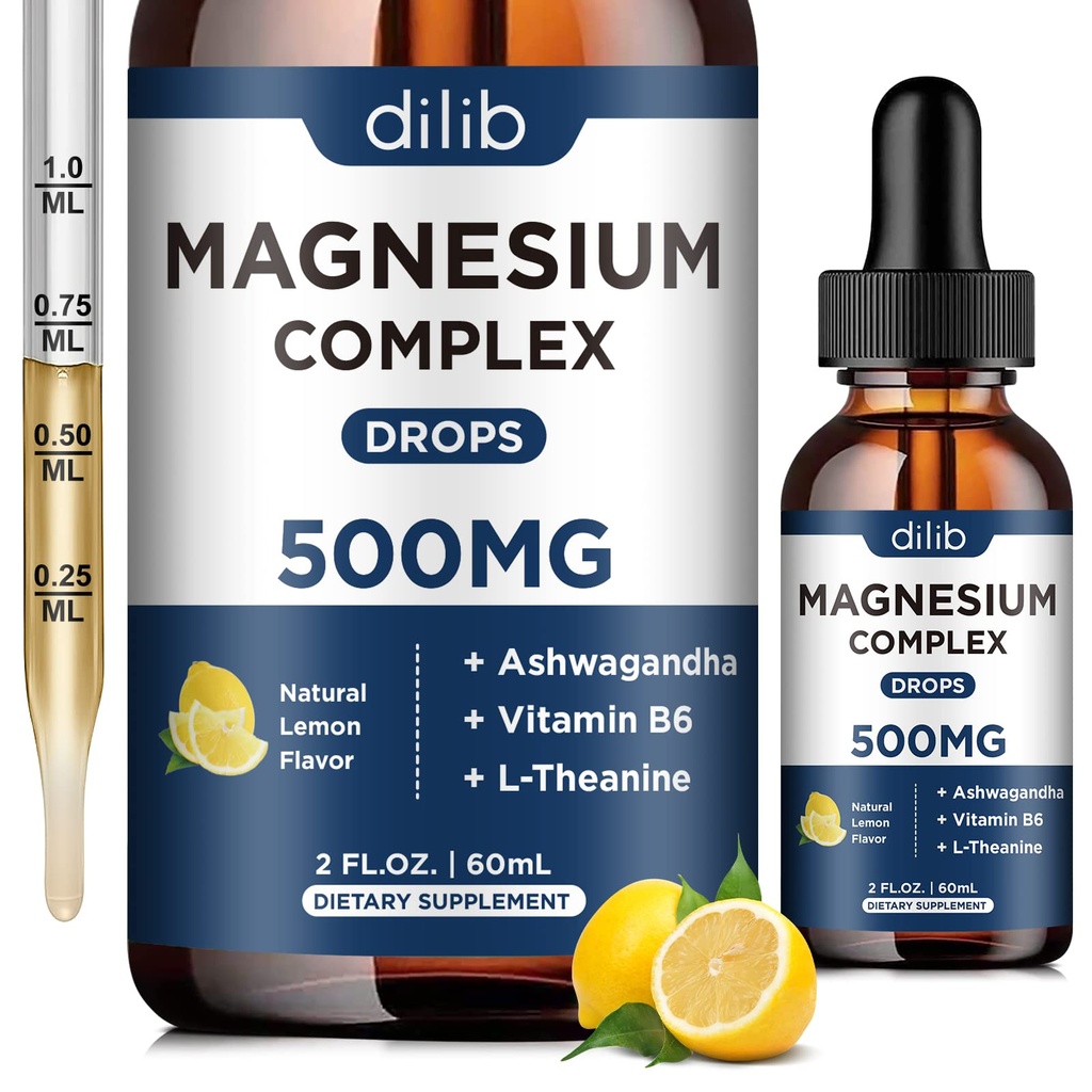 Magnesium Glycinate Liquid Drops, Triple Magnesium Complex Supplement with Citrate, Malate 500mg Ashwagandha, L-Theanine, Vitamin B6 for Sleep, Calm, Stress Relief, Bone, Muscle, Mood - Lemon Flavor