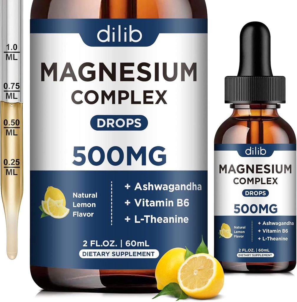 Suplemento de Magnesio Glycinate Líquido, Complejo de Magnesio Triple con Citrato, Malate 500mg Ashwagandha, L-Theanine, Vitamina B6 para el sueño, calma, alivio de estrés, hueso, musculo, mood - sabor limón