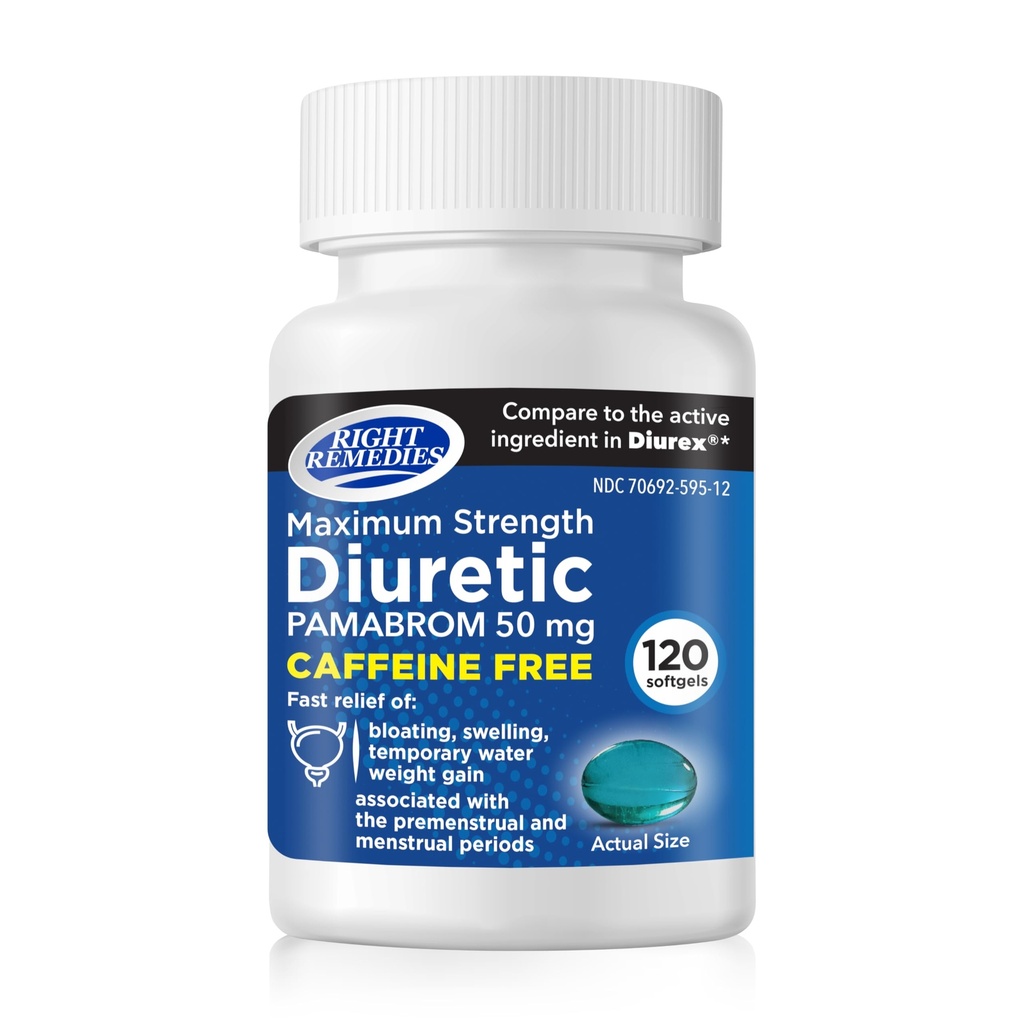 RIGHT REMEDIES Maximum Strength Caffeine-Free Diuretic Softgels, (120 Softgels), Pamabrom 50mg, Helps Relieve Heaviness Due to Water Weight gain