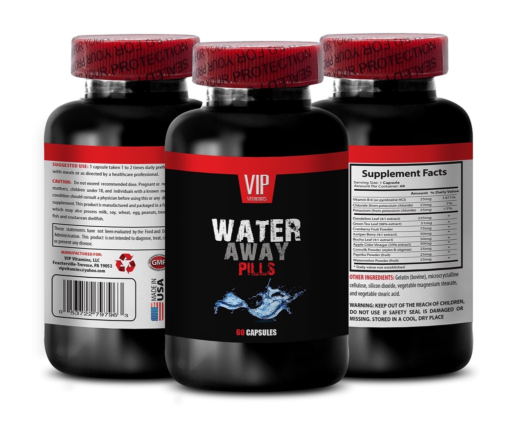 Water Away Pills Diuretic Supplements - Water Away Pills - Diuretics for Water Retention, Reduce Bloating, Detox Cleanse, Paprika, Apple Cider Vinegar, Support Kidney Function, 1 Bottle 60 Capsules
