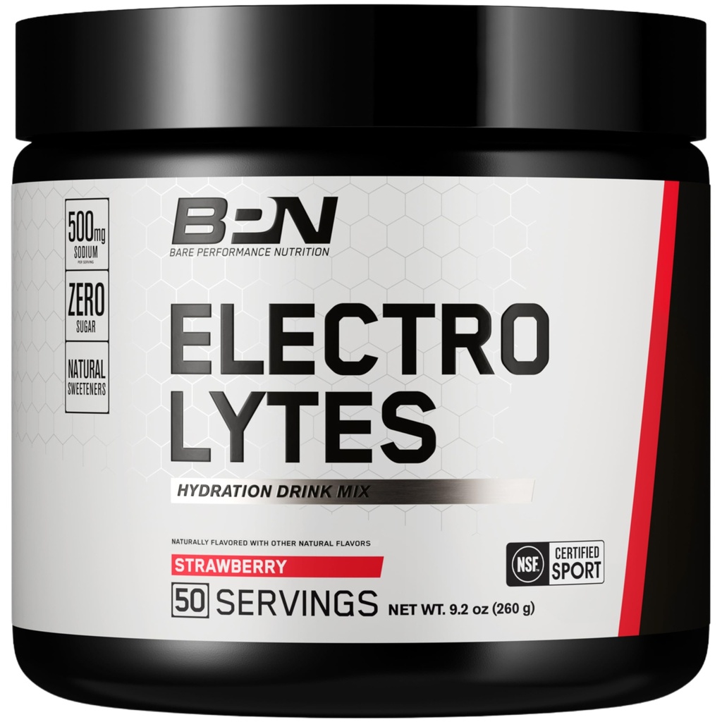 BARE PERFORMANCE NUTRITION BPN Electrolytes Hydration Drink Mix | Sugar Free Electrolyte Powder | 500mg Sodium per Serving | Naturally Sweetened | Strawberry, 50 Servings