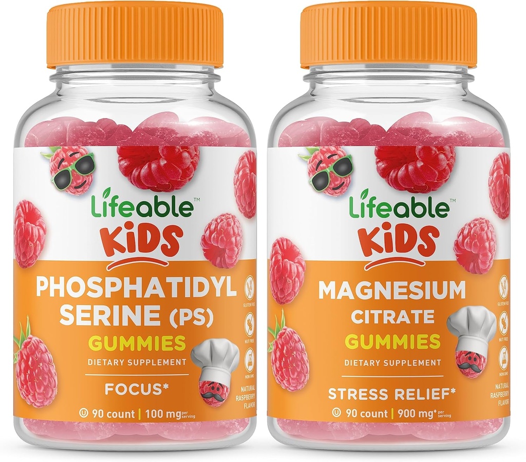 Lifeable Phosphatidylserine (PS) Kids + Magnesium Kids, Gummies Bundle - Great Tasting, Vitamin Supplement, Gluten Free, GMO Free, Chewable Gummy