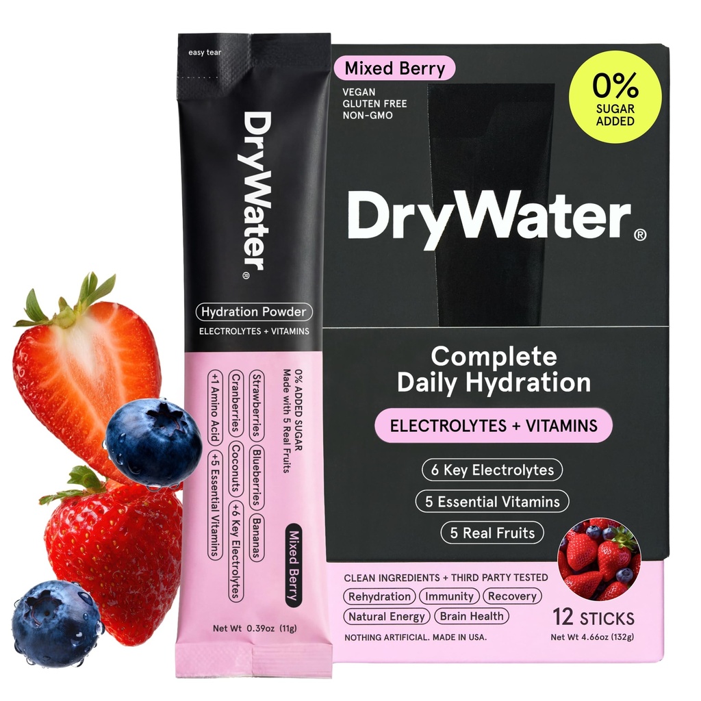 DryWater Electrolyte Powder Packets, Mixed Berry - Hydration Packets Drink Mix with Zero Added Sugar for Rehydration & Energy - 6 Key Electrolytes, 5 Essential Vitamins & 5 Real Fruits - 12 Pack