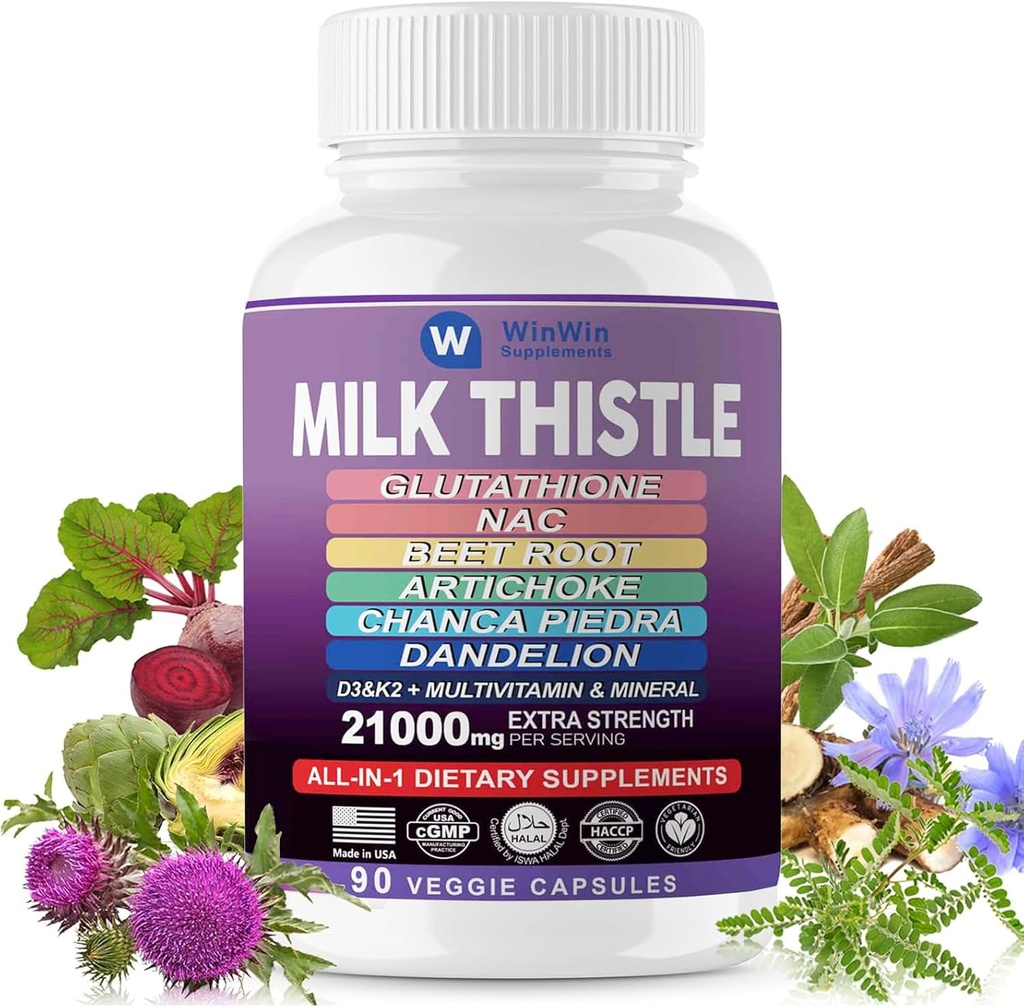 Leche Thistle Suplemento 15000mg Artichoke Orgánico Chanca Piedra Dandelion Liver Protection Suplemento Contiene Glutathione NAC Beetroot Powder D3 PulK2 vitaminas Minerales (29-IN-1)Fabricación en EE.UU.