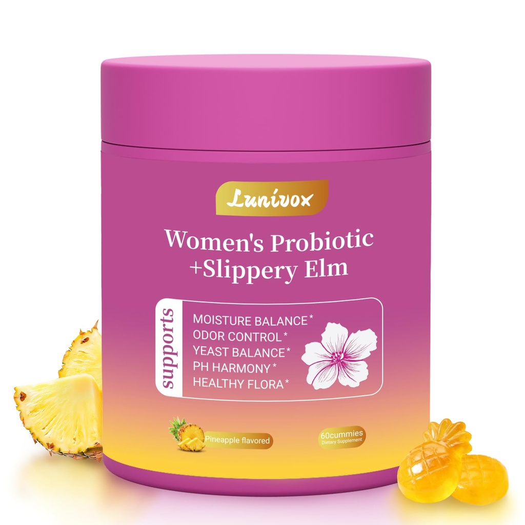 Her Juicy Feminine Probiotics Gummies for Women, with Prebiotics & Slippery Elm - Promotes pH Balance, Gut Health & Immune Support - Pineapple Flavor, 60 Count