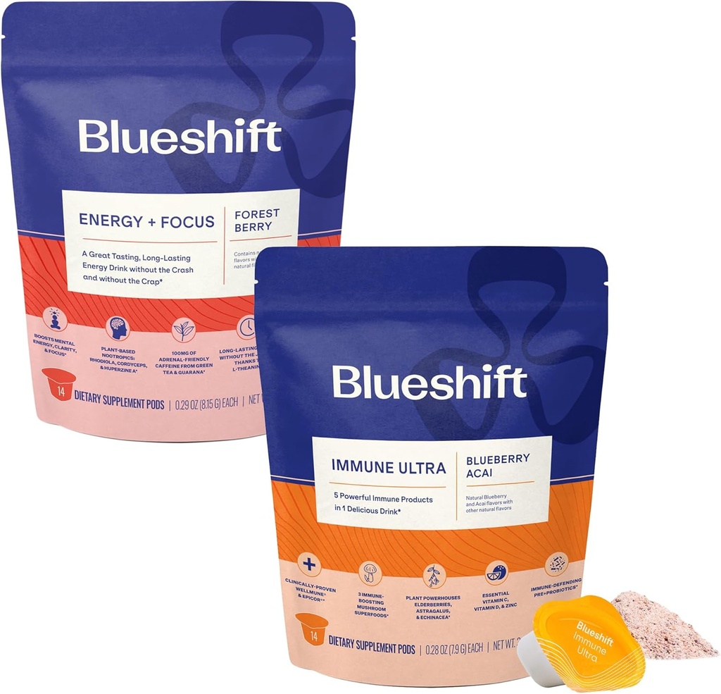Blueshift Energy + Focus &amp; Immune Ultra Bundle - Energy Drink Pods, Immune Support Powder, Drink Mixes for Energy &amp; Immune Defense, Vitamin Supplement - Energy+Focus (14 Pack) & Immune Ultra (14 Pack)