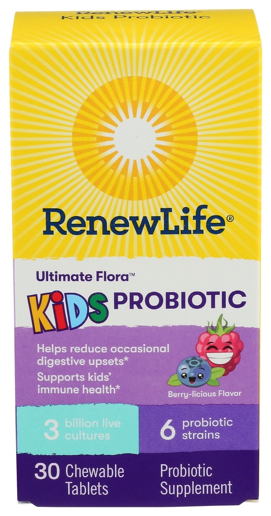 Renew Life Kids Probiotic Chewables, Supports Digestive & Immune Health, Prebiotics & Probiotics, Raspberry, 30 Chewable Tablets