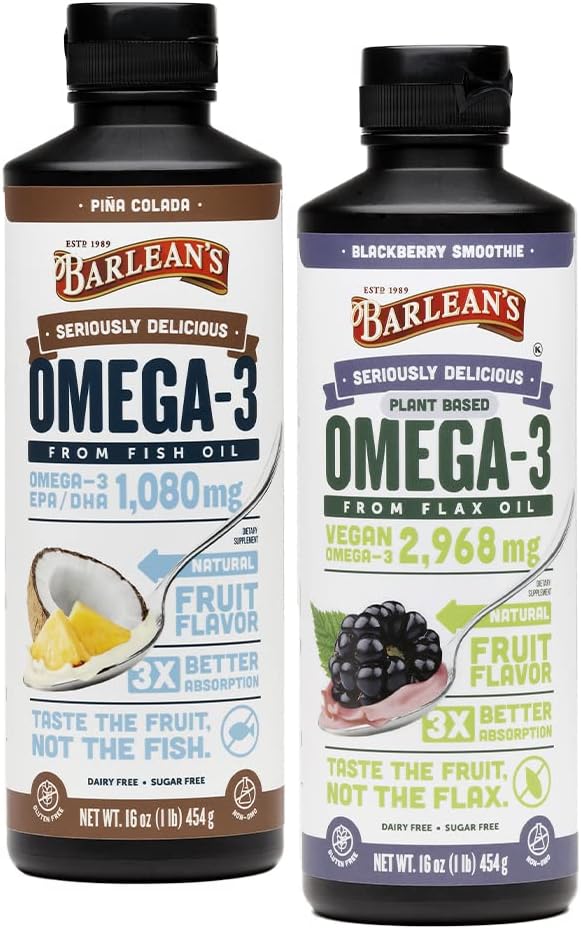Barlean Omega 3 Liquid Supplement Bundle, BlackBerry Smoothie Flax Seed Oil y Piña Colada Fish Oil Supplements Set, 16 oz