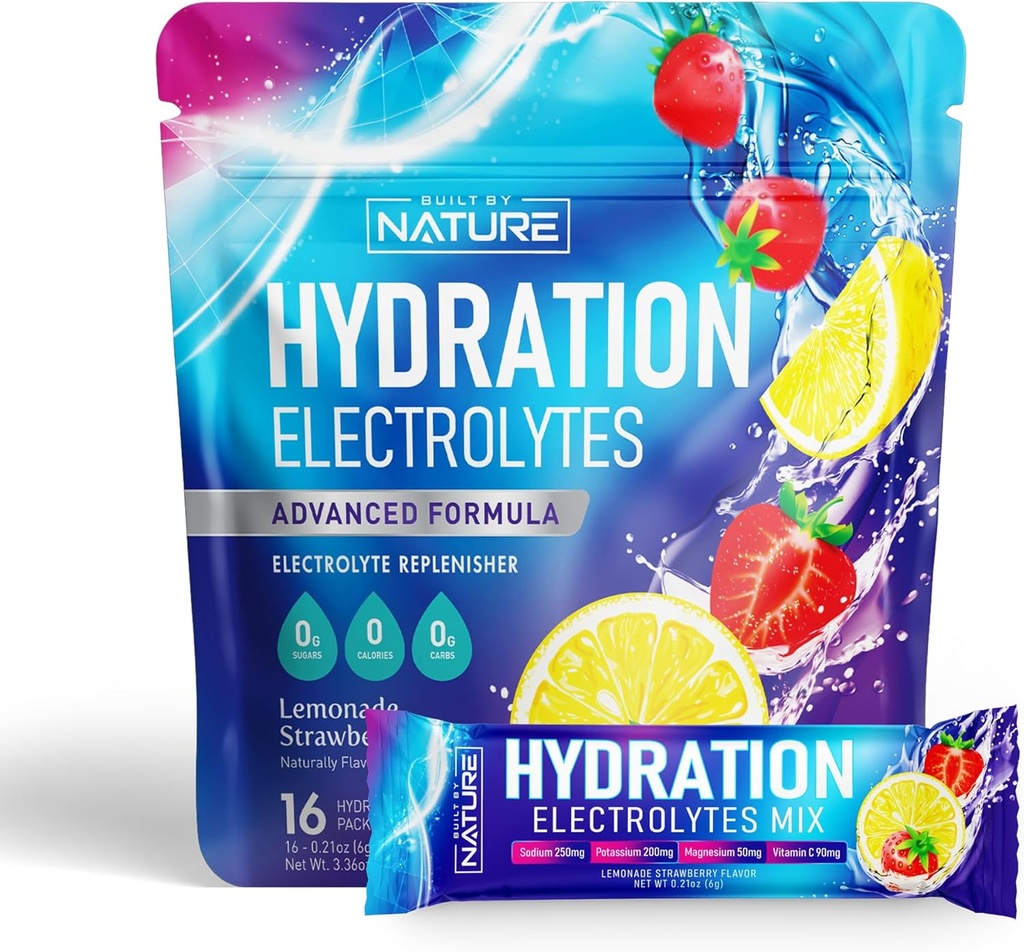 Electrolitos Empaquetaduras de hidratación de polvo – Mezcla de Bebida de Recuperación con Sodio, Potasio, Magnesio, Calcio, Vitamina C &amp; Zinc – Sugar Gratis, Keto, No GMO & Vegan – Strawberry Lemonade – 16 Sticks