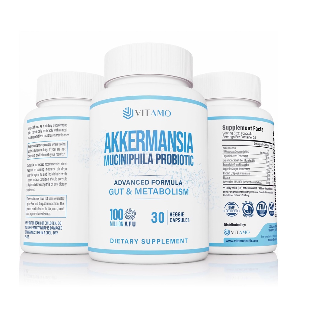 Akkermansia Probiotic & Berberine GLP-1 Support Supplement – 100 Million AFU Probiotic for Gut Health & Metabolic Balance with Green Tea, Acacia Fiber & Enzymes – 30 Capsules