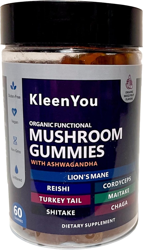 Lion's Mane " Ashwagandha Suplemento Gummies - Suplemento completo de hongos para el apoyo cognitivo e inmunitario, Vegan Blend con Reishi, Cordyceps - Low Carb, 60 Gummies de hongo orgánico
