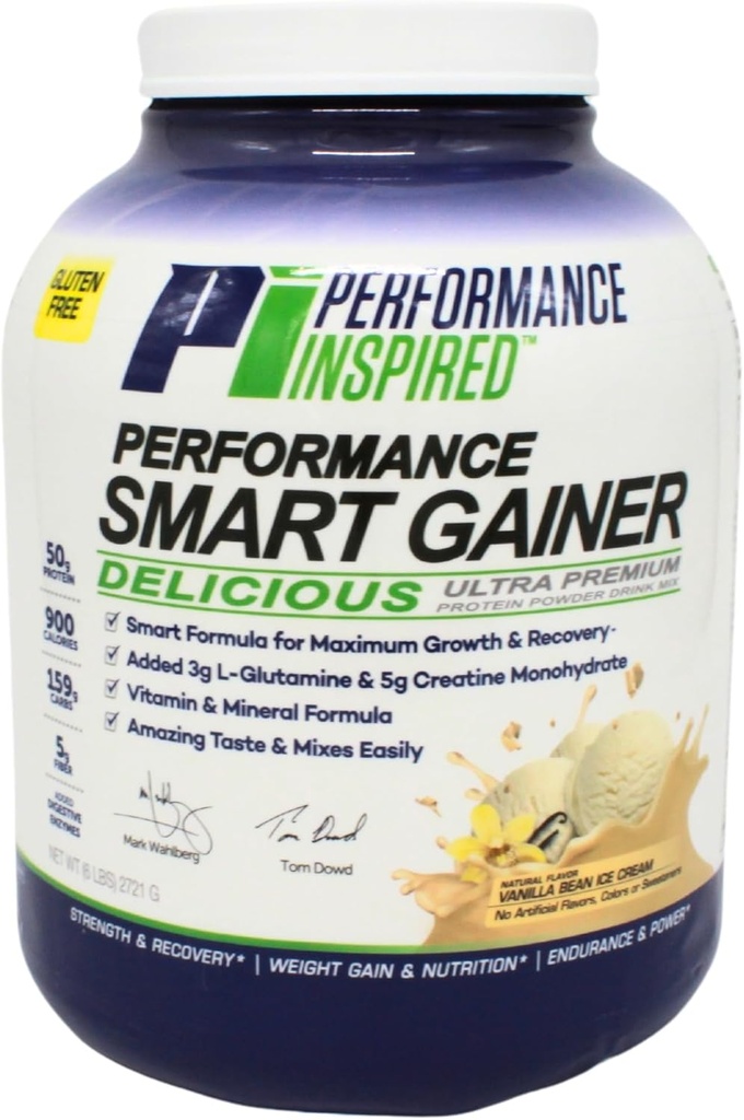 Performance Inspired Nutrition Smart Mass Gainer – 50G Protein, 900 Calories, Creatine, L-Glutamine " Digestive Enzymes – Crecimiento muscular " Recuperación – Crema de hielo de granos de vainilla – 6 lb