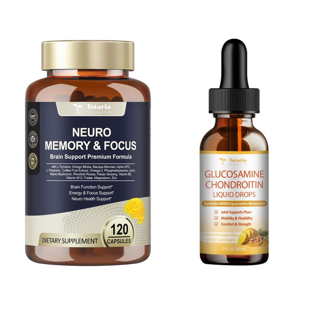 Totaria 25 in 1 Brain Supplements for Memory and Focus + Glucosamine Chondroitin MSM Liquid Drops