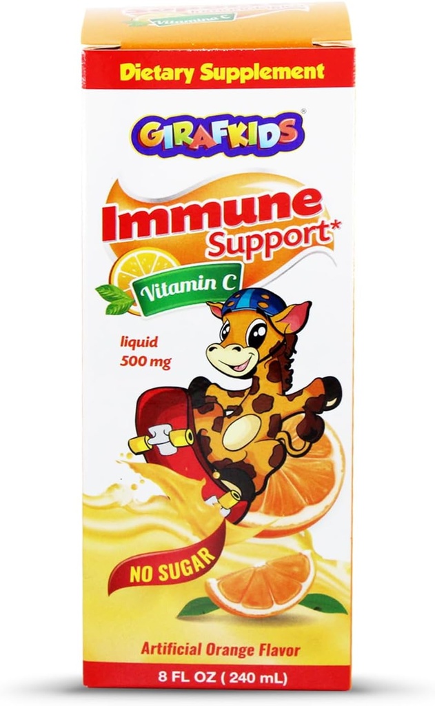 GirafKids Vitamina Líquida C para niños Edades 4+ Silencio 8 Fl Oz, 500mg Silencio No-Sugar Fórmula con Seguro, Ingredientes Premium ← Delicious Orange Flavor ← Immune Support &amp; Energy Boost