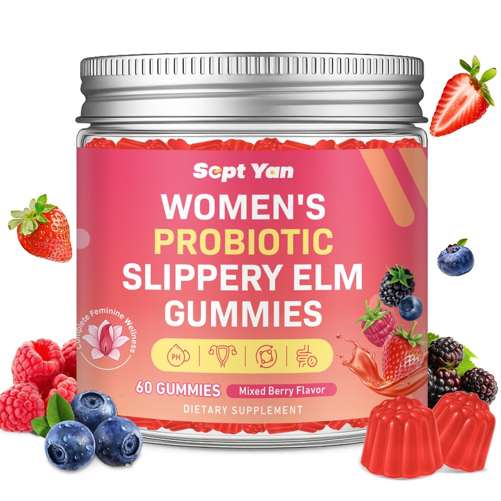 Feminine Probiotic Slippery Elm Gummies with Dim, Cranberry, Aloe Vera, Vitamin D3 & E for Women pH Balance, Gut Health & Immune System, Promote Vaginal Health for Women, Mixed Berry Flavor 60 Counts