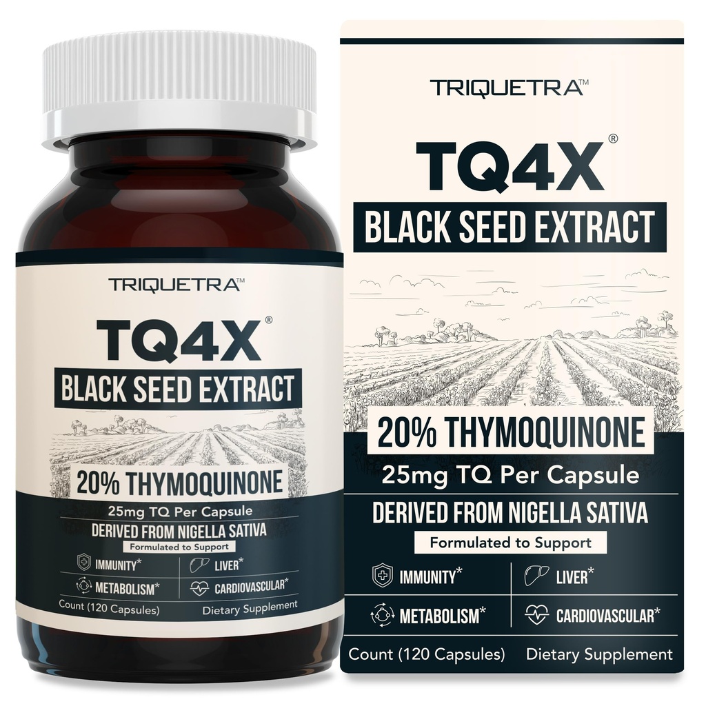 20% Thymoquinone Black Seed Oil Extract Capsules - TQ-Advanced 4X®: Potent Thymoquinone Concentration Available - 60:1 Concentrate from Nigella Sativa, Raw Form, Vegan, Glass Bottle (120 Capsules)