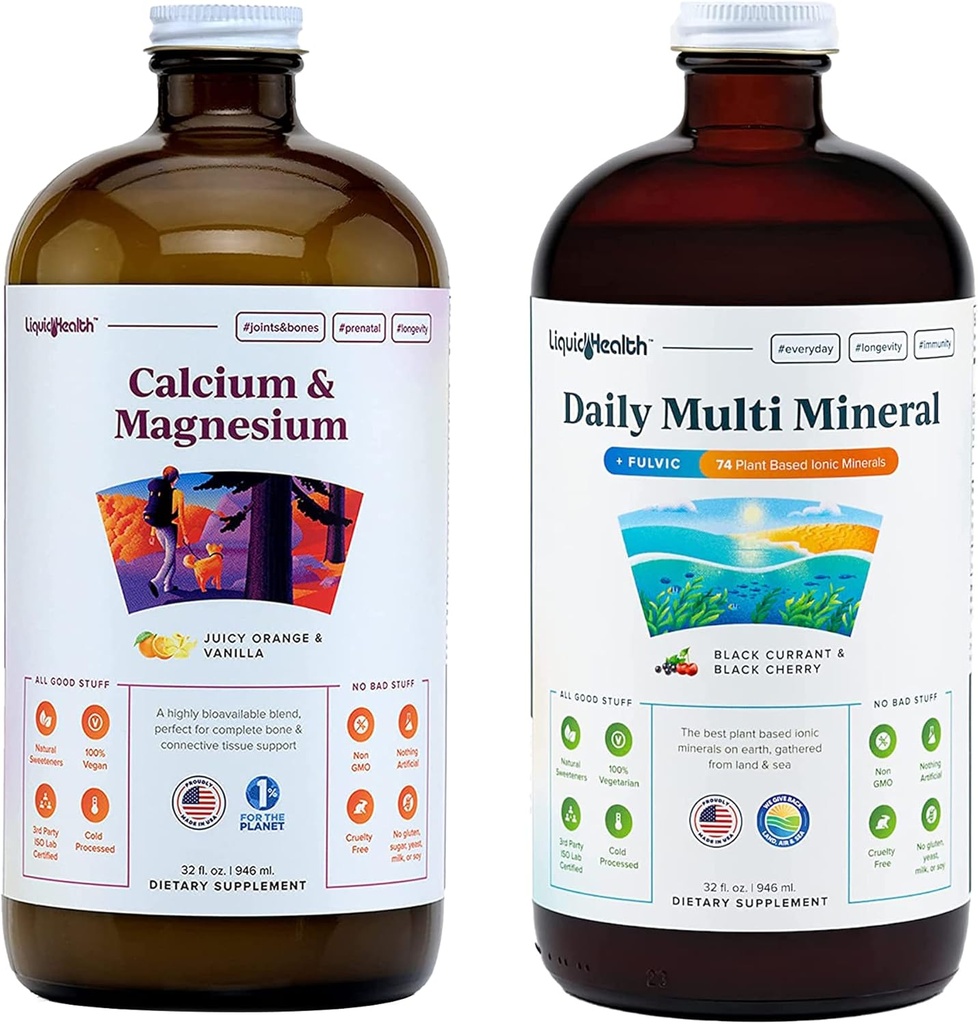 LIQUIDHEALTH Calcium Magnesium Vitamins & Daily Multi Minerals Liquid Supplement Bundle for Adults - Immune System, Bone & Joint Support, Improve Mobility, Increase Energy - Vegan, Non-GMO, USA Made