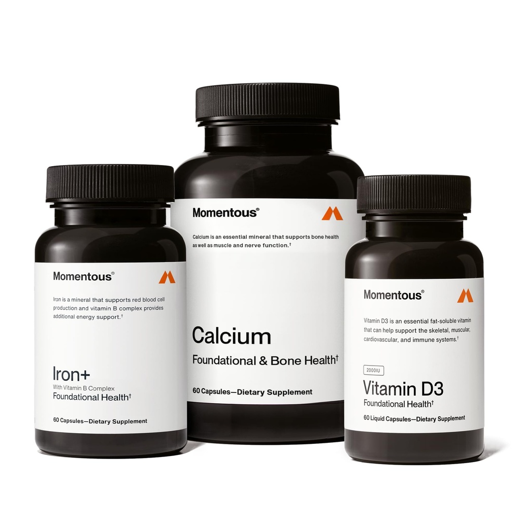 Momentous The Women's Three Bundle - Iron+, Calcium, & Vitamin D3 (2,000 IU) - 3 Critical Nutrients for All Women in 1 Daily Supplement System - NSF Certified for Sport - Gluten-Free - 60 Servings