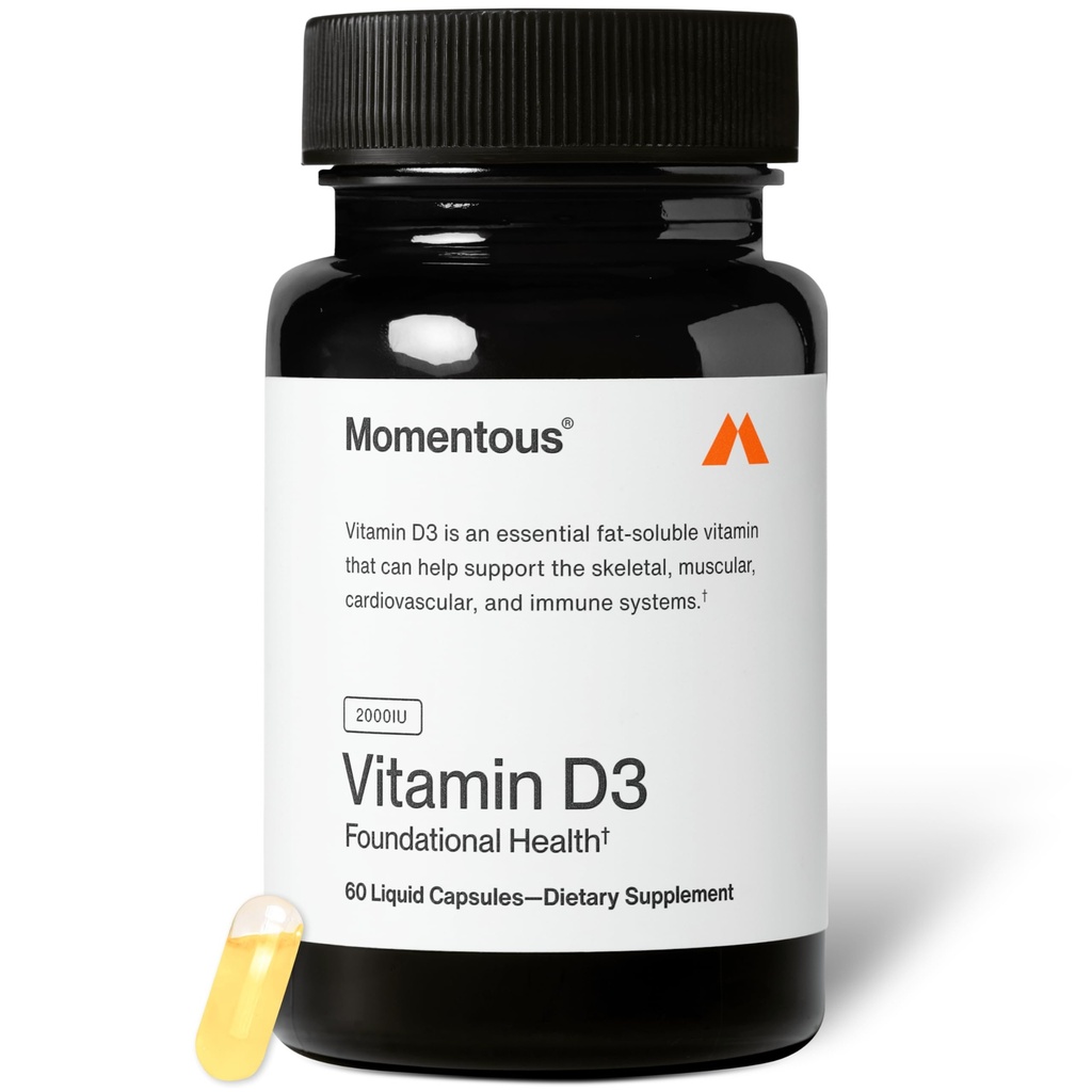 Momentous Vitamin D3 Supplement - 2,000 IU Capsules for Foundational Health Support - NSF Certified for Sport - Gluten-Free - 60 Servings