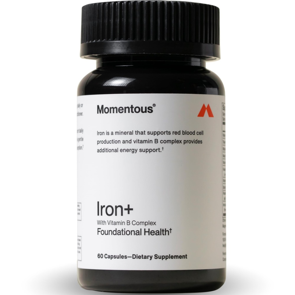 Momentous Iron+ with Vitamin C & Vitamin B Complex - Ferrochel Iron Capsules for Foundational Health Support - NSF Certified for Sport - Gluten-Free - 60 Servings