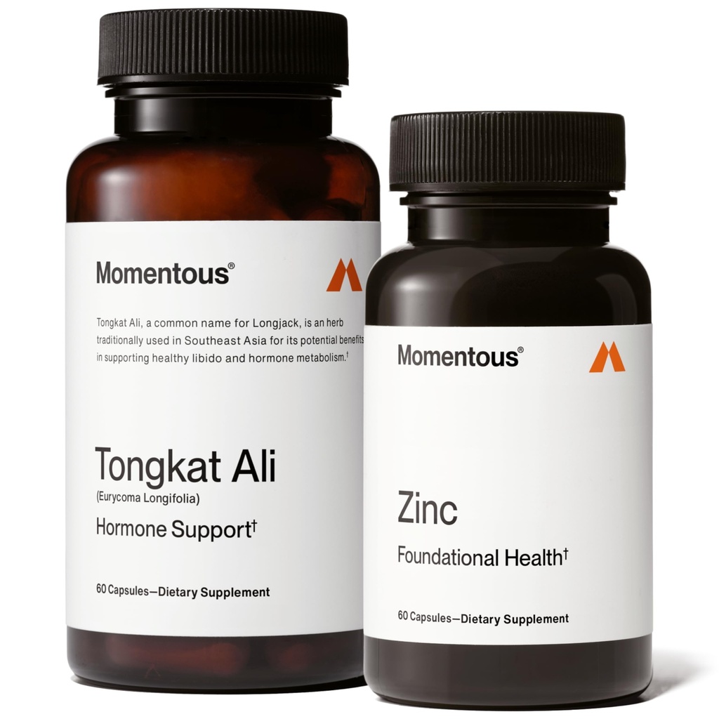 Momentous Male Hormone Support Stack - Natural Wellness & Performance Supplement to Support Joint Health, Hormone Balance & Lean Muscle Mass (Tongkat Ali, 30 Servings - Zinc Picolinate, 60 Servings)