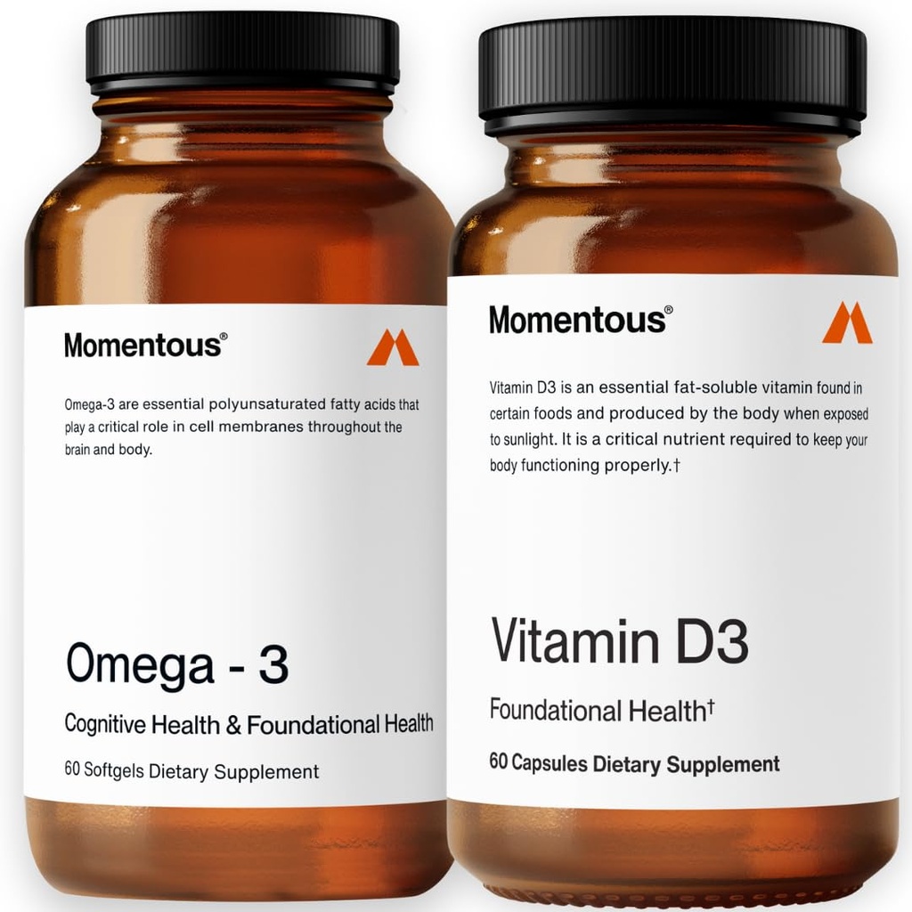 Momentous Omega-3 Fish Oil 1,600 mg & Vitamin D3 Supplement - Daily Omega-3 Supplement for EPA & DHA & 5,000 IU Capsules to Support Foundational & Joint Health - NSF Certified, GMO-Free, Gluten-Free