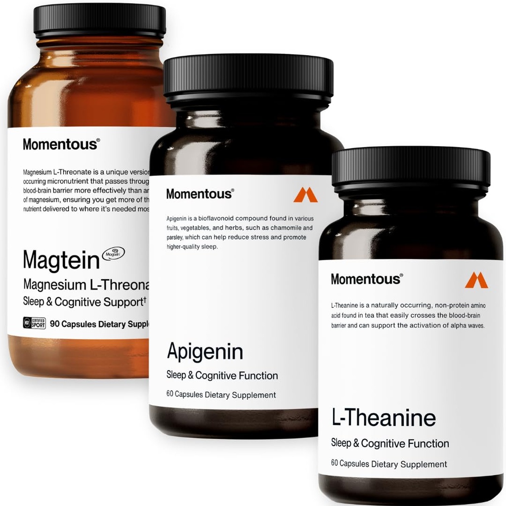 Momentous Magtein Magnesium L-Threonate 145mg, Apigenin Supplement, & L-Theanine Supplement - Supports Cognitive Function & Promotes Rest, Relaxation, & Focus - NSF Certified, GMO-Free, Gluten Free
