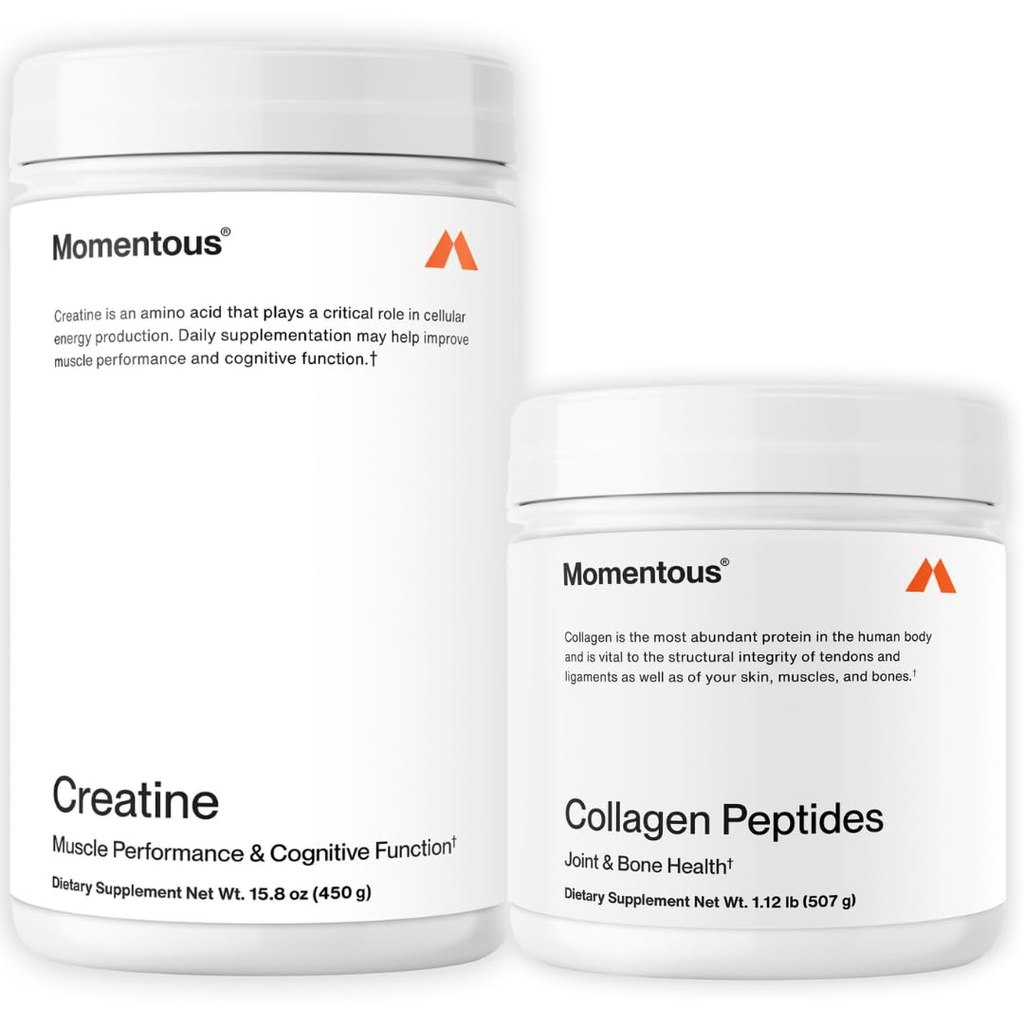 Momentous Creatine Monohydrate Powder & Grass-Fed Collagen Peptides Powder Stack - Supports Strength, Lean Muscle, & Recovery - FORTIGEL & Vitamin C for Hair, Skin, Nails, & Joint Health Support