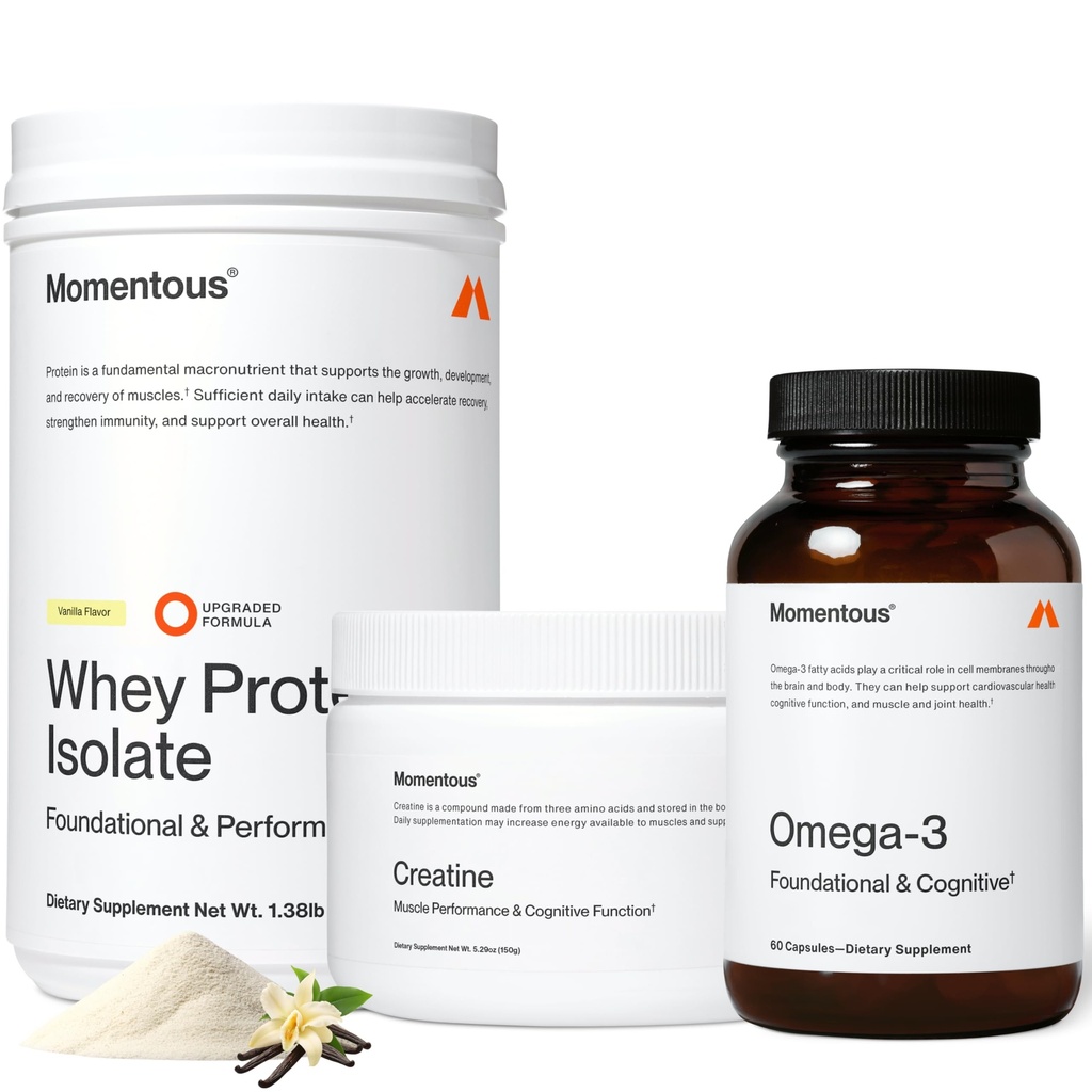 Momentous Three - Creatine Monohydrate Powder (30 Servings), Grass-Fed Whey Protein Powder (Vanilla) & Omega-3 Fish Oil 1600mg - Daily Essentials for Strength, Performance & Lean Muscle Recovery