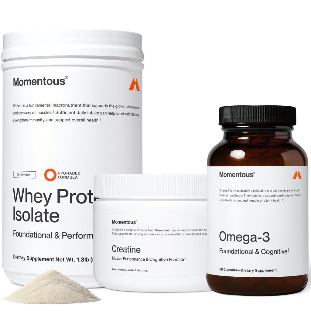 Momentous Three - Creatine Monohydrate Powder (30 Servings), Grass-Fed Whey Protein Powder (Unflavored) & Omega-3 Fish Oil 1600mg - Daily Essentials for Strength, Performance & Lean Muscle Recovery