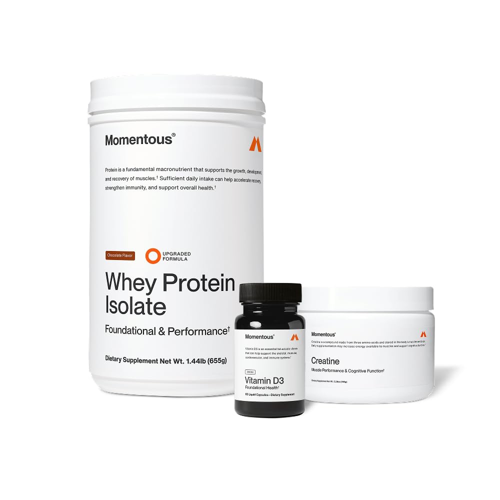Momentous Arnold's Stack - Creatine Monohydrate Powder, Essential Grass-Fed Whey Protein Powder (Chocolate) & Vitamin D3 (2000 IU) - Daily Fundamentals to Support Muscle Strength & Longevity