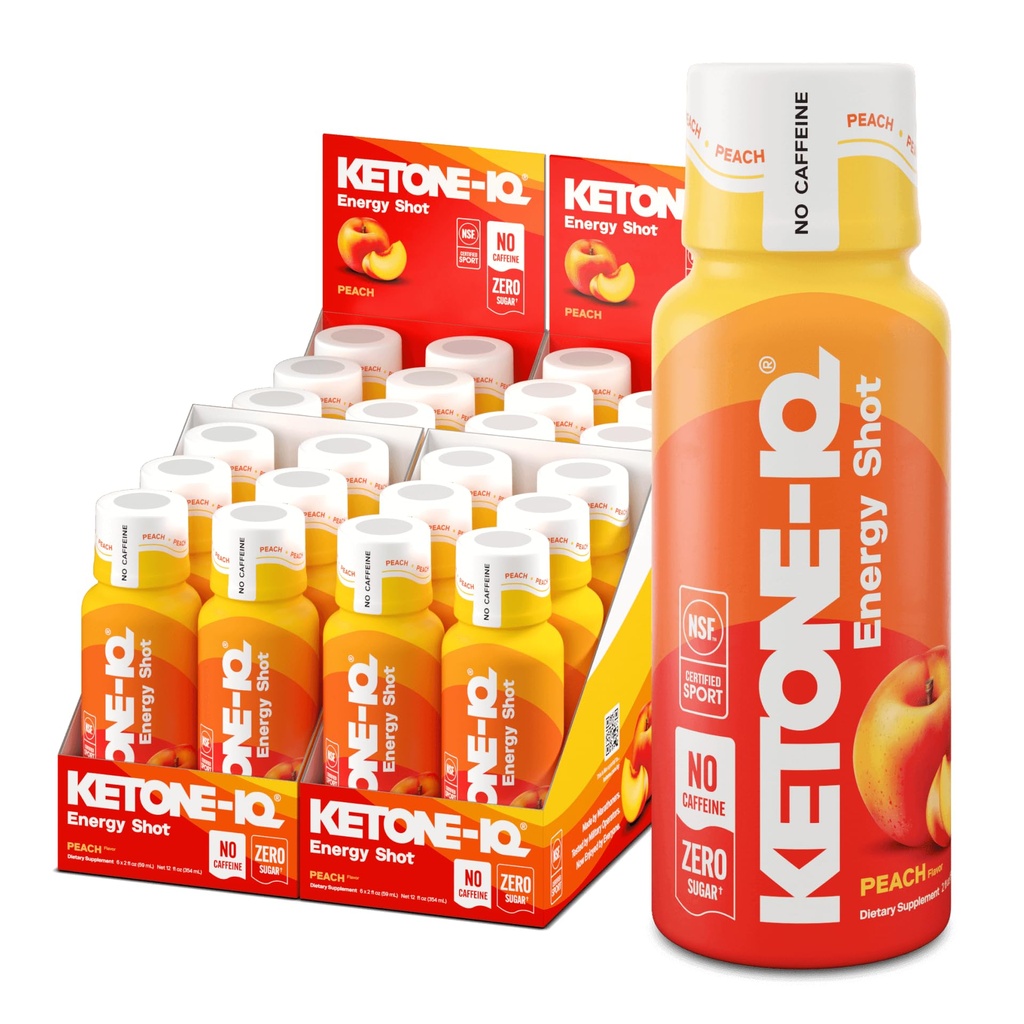 Ketone-IQ No Caffeine Performance Energy Shots – Ketone Fuel for Focus & Endurance, Metabolism Support, 10g Ketones, 24 Pack (Peach)