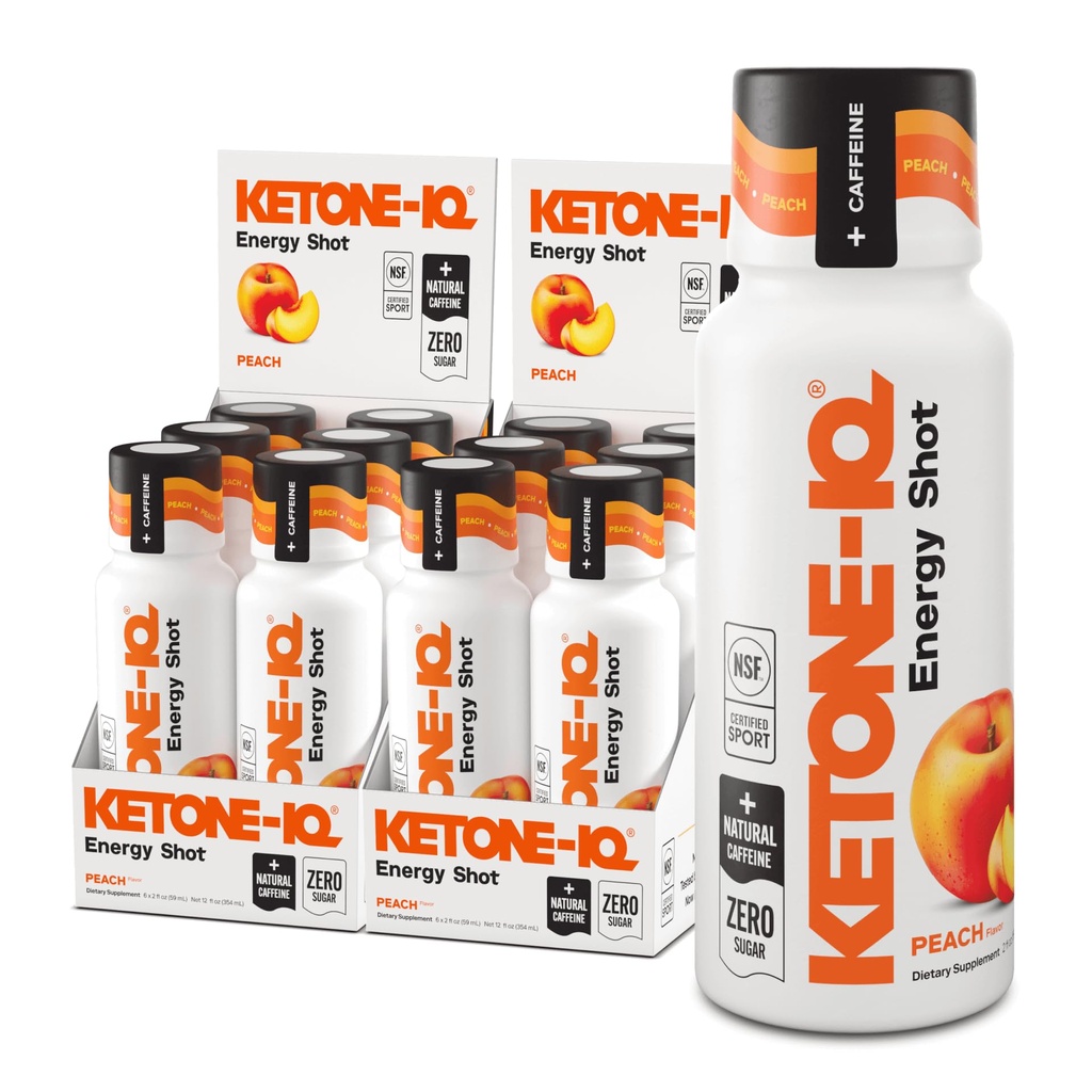 Ketone-IQ Caffeine Performance Energy Shots – Clean Energy for Focus & Endurance, 5g Ketones, 100mg Green Tea Caffeine, B Vitamins, 12 Pack (Peach)