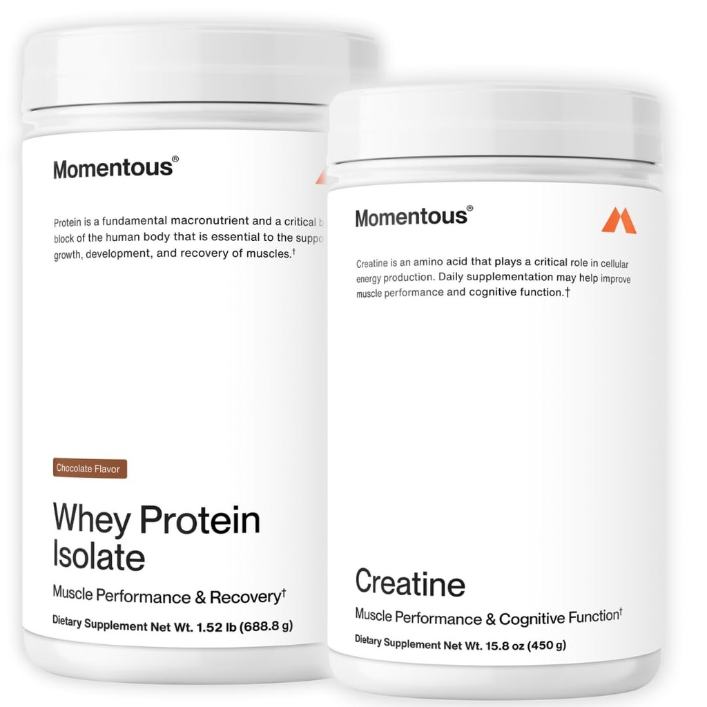 Momentous Creatine Monohydrate Powder & Essential Grass-Fed Whey Chocolate Protein Powder - Supports Strength, Lean Muscle, & Recovery - 20 g Isolate Protein - NSF Certified for Sport - Gluten-Free