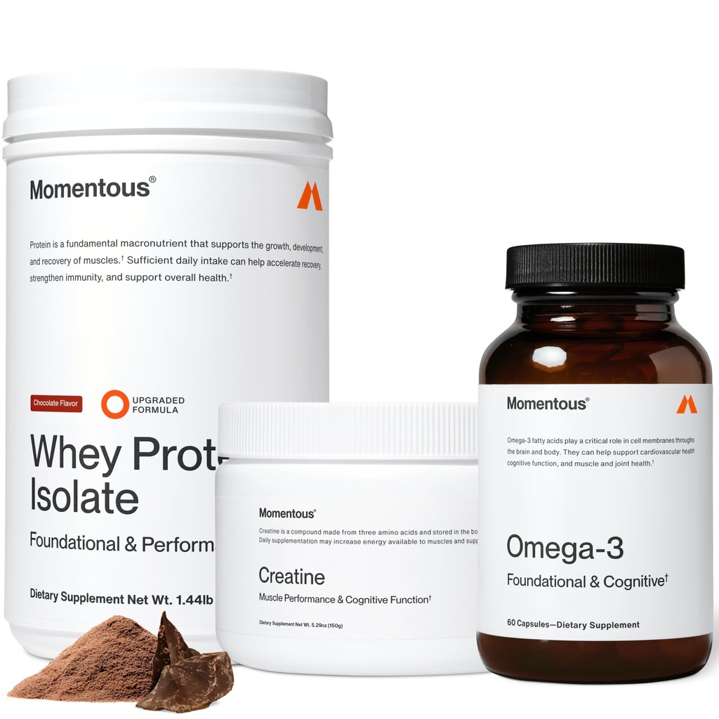 Momentous Three - Creatine Monohydrate Powder (30 Servings), Grass-Fed Whey Protein Powder (Chocolate) & Omega-3 Fish Oil 1600mg - Daily Essentials for Strength, Performance & Lean Muscle Recovery